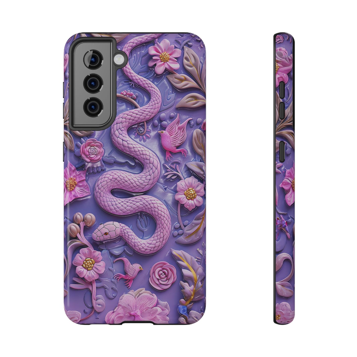 Embroidery look Cute Pink Snakes and Flowers Impact Resistant Phone Case