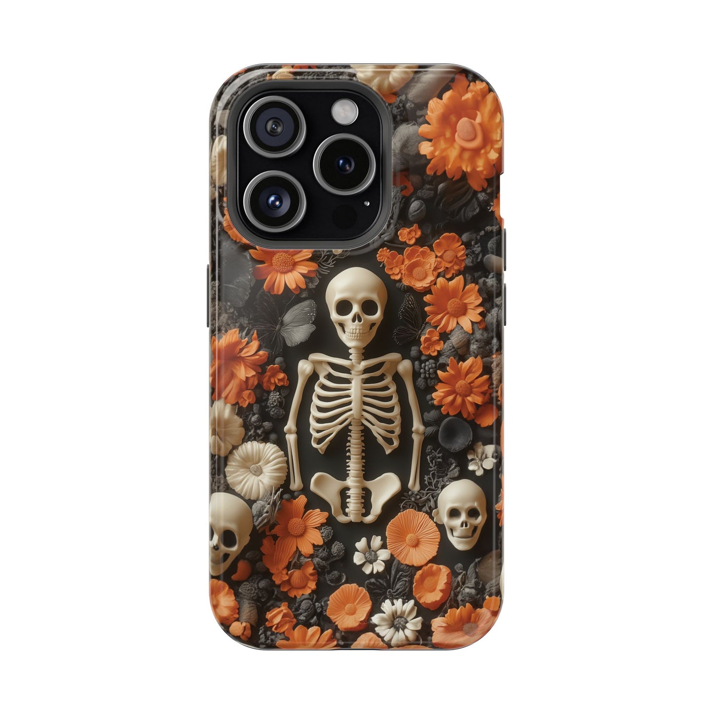 Cute Fall Skeleton and Flowers | Halloween 3D Embroidered Look | Impact Resistant Phone Case