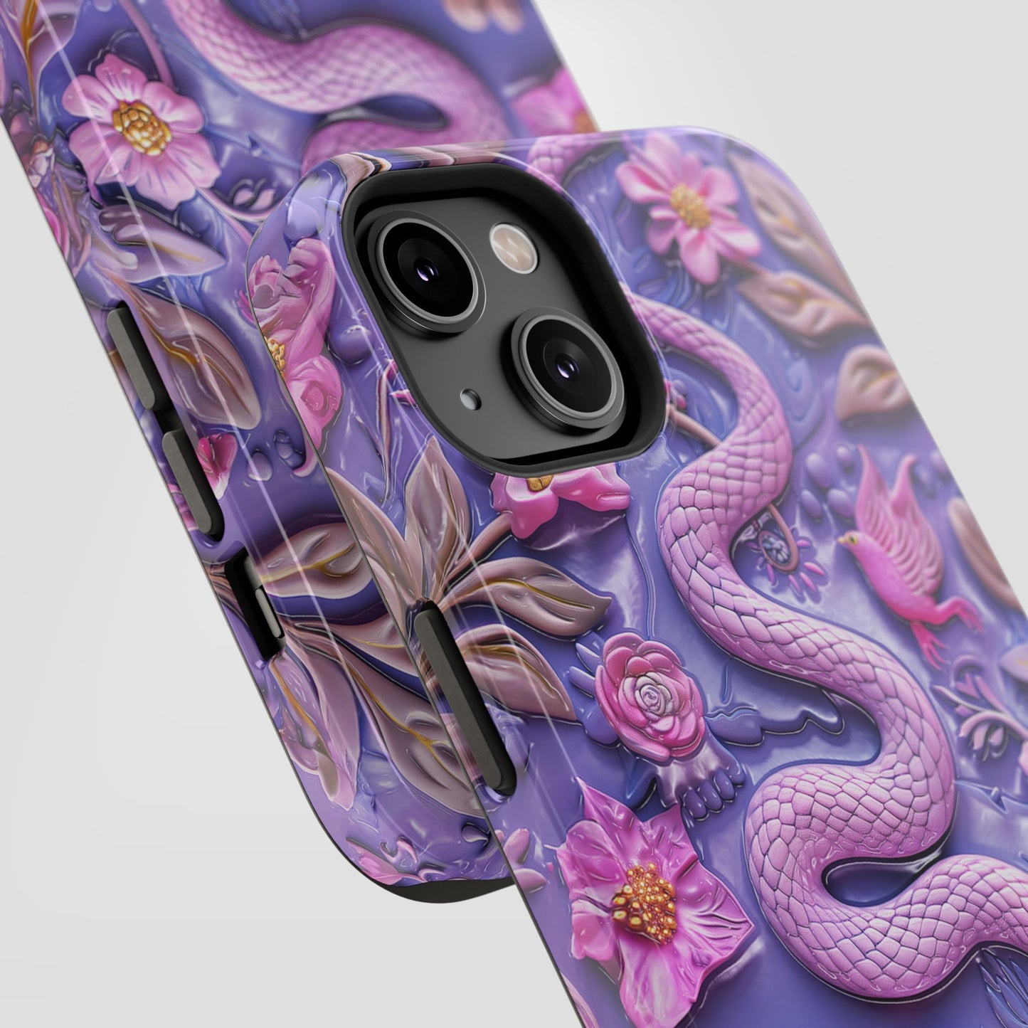 Embroidery look Cute Pink Snakes and Flowers Impact Resistant Phone Case