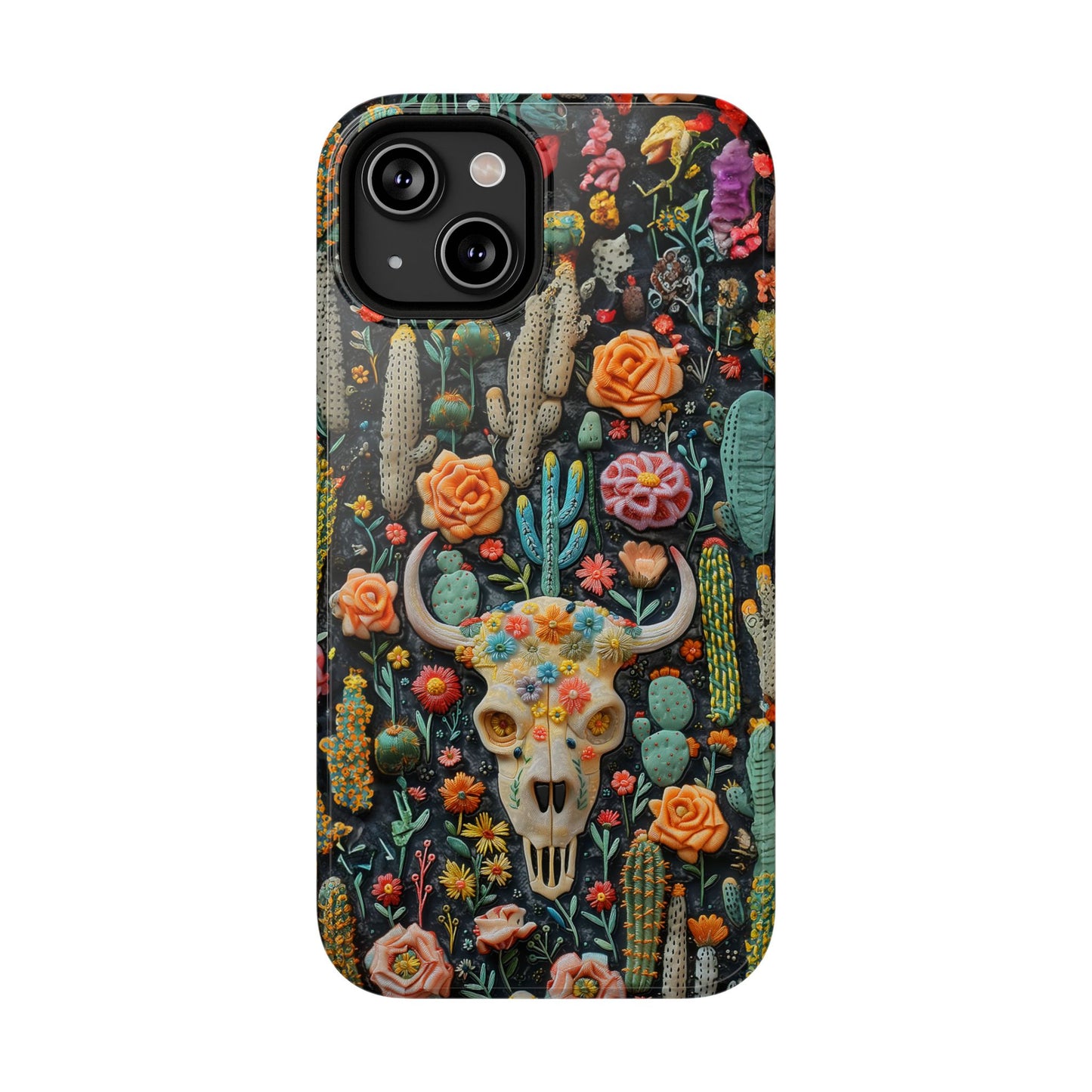 Embroidery look Cute Pink Cow Skull and Cactus| Vintage Western |  Impact Resistant Phone Case