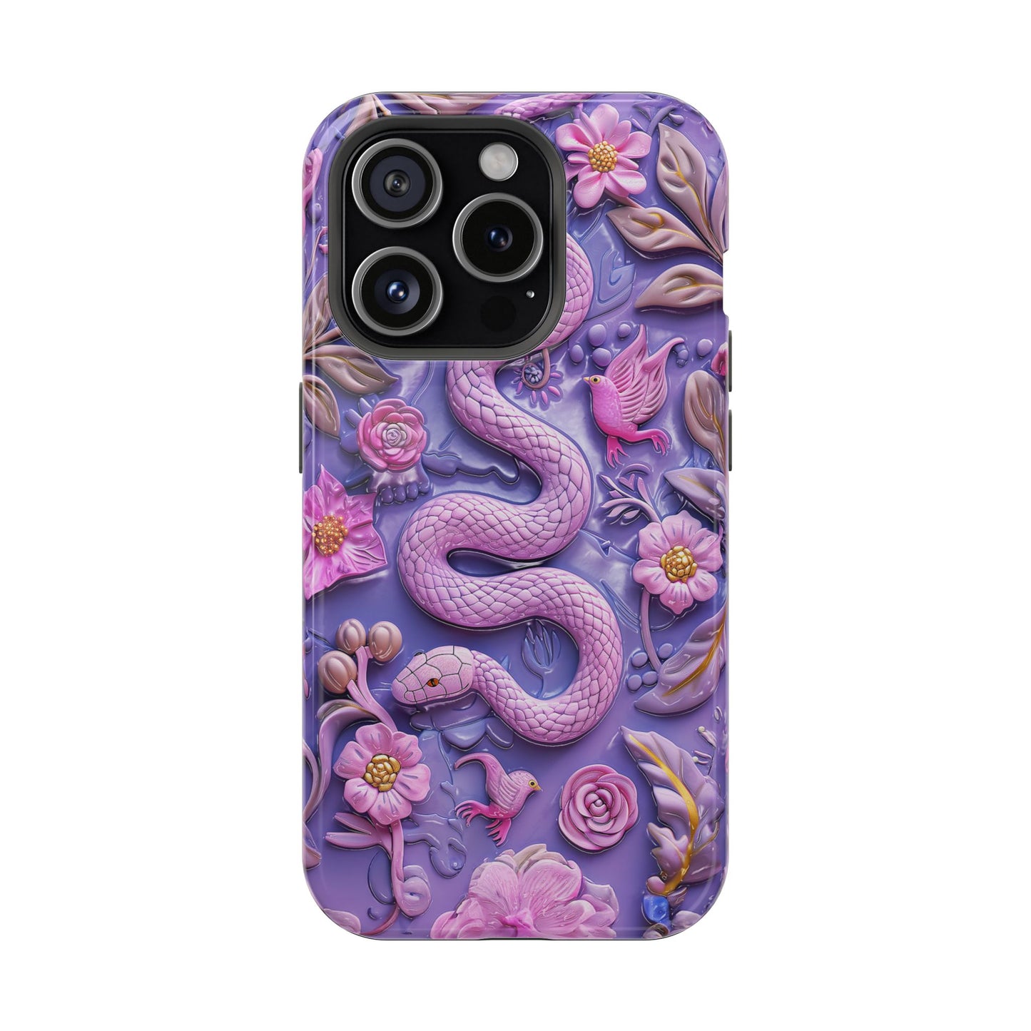 Embroidery look Cute Pink Snakes and Flowers Impact Resistant Phone Case