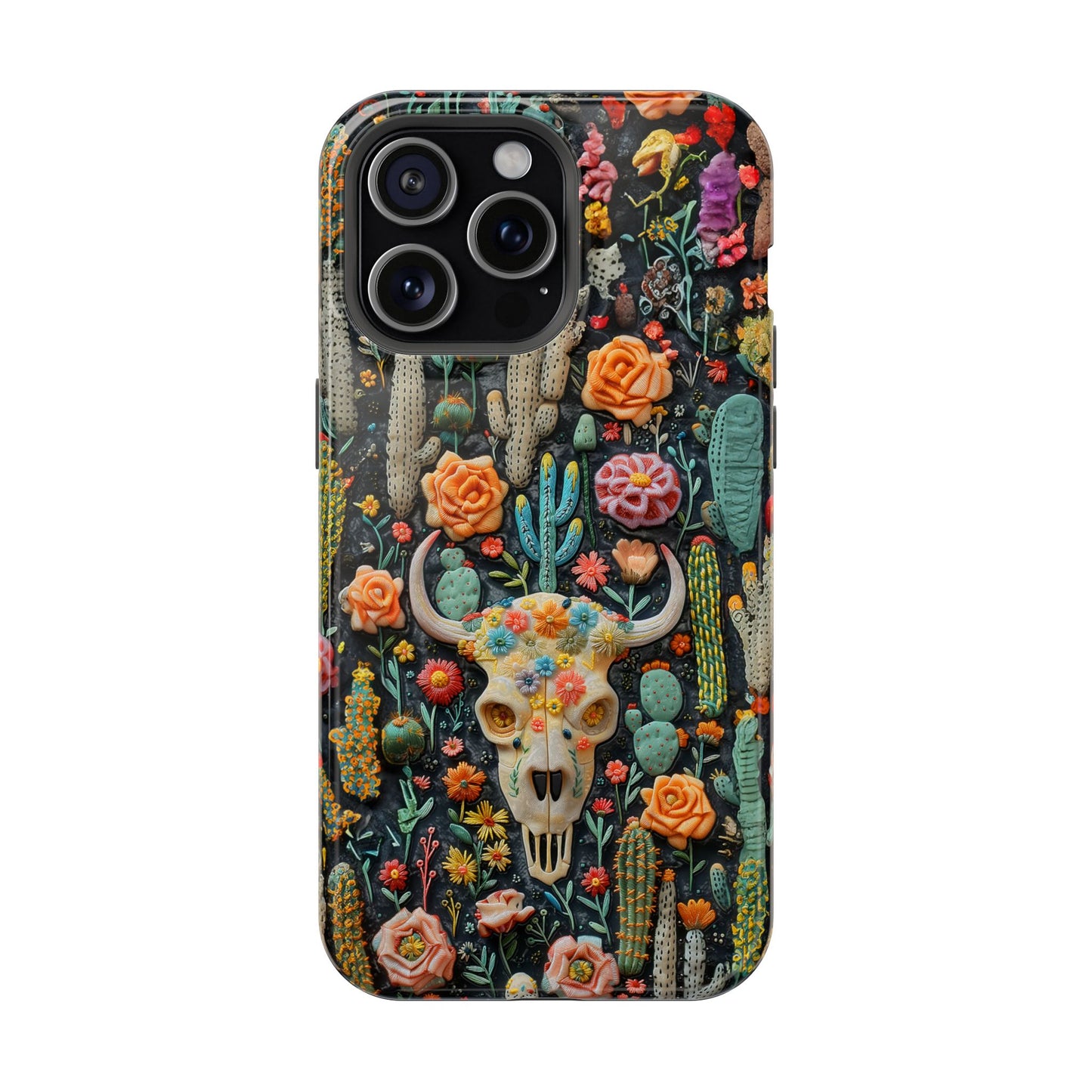 Embroidery look Cute Pink Cow Skull and Cactus| Vintage Western |  Impact Resistant Phone Case