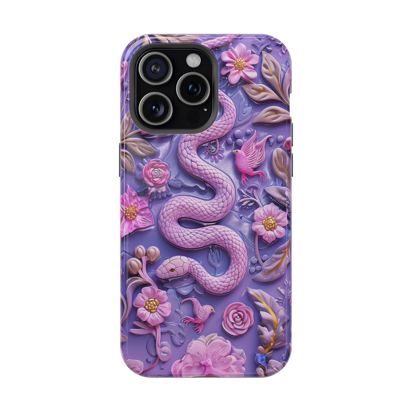 Embroidery look Cute Pink Snakes and Flowers Impact Resistant Phone Case