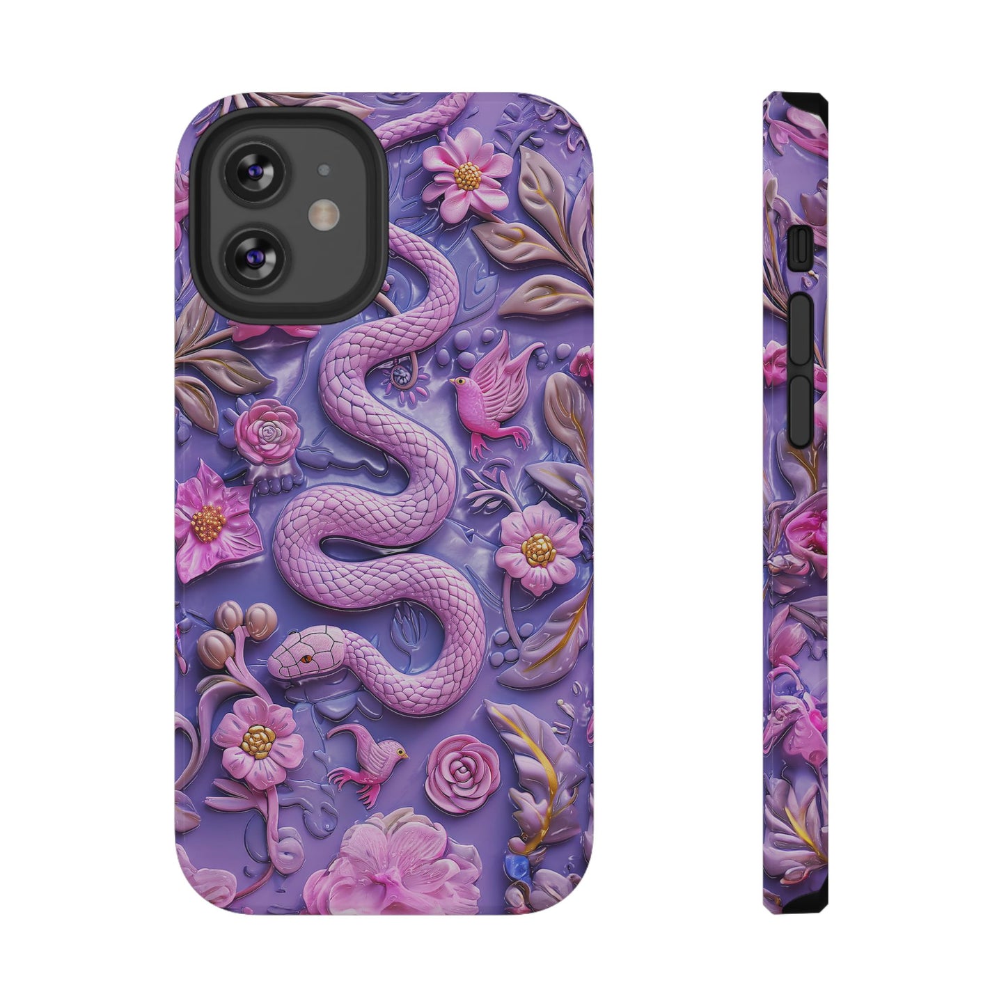 Embroidery look Cute Pink Snakes and Flowers Impact Resistant Phone Case