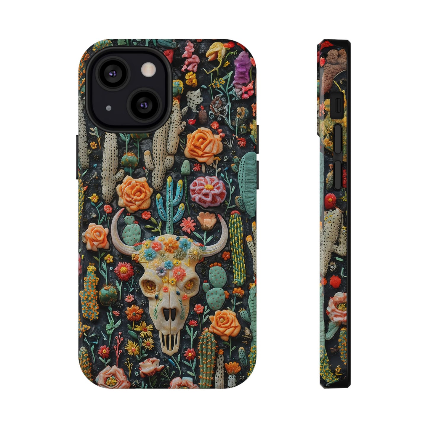 Embroidery look Cute Pink Cow Skull and Cactus| Vintage Western |  Impact Resistant Phone Case