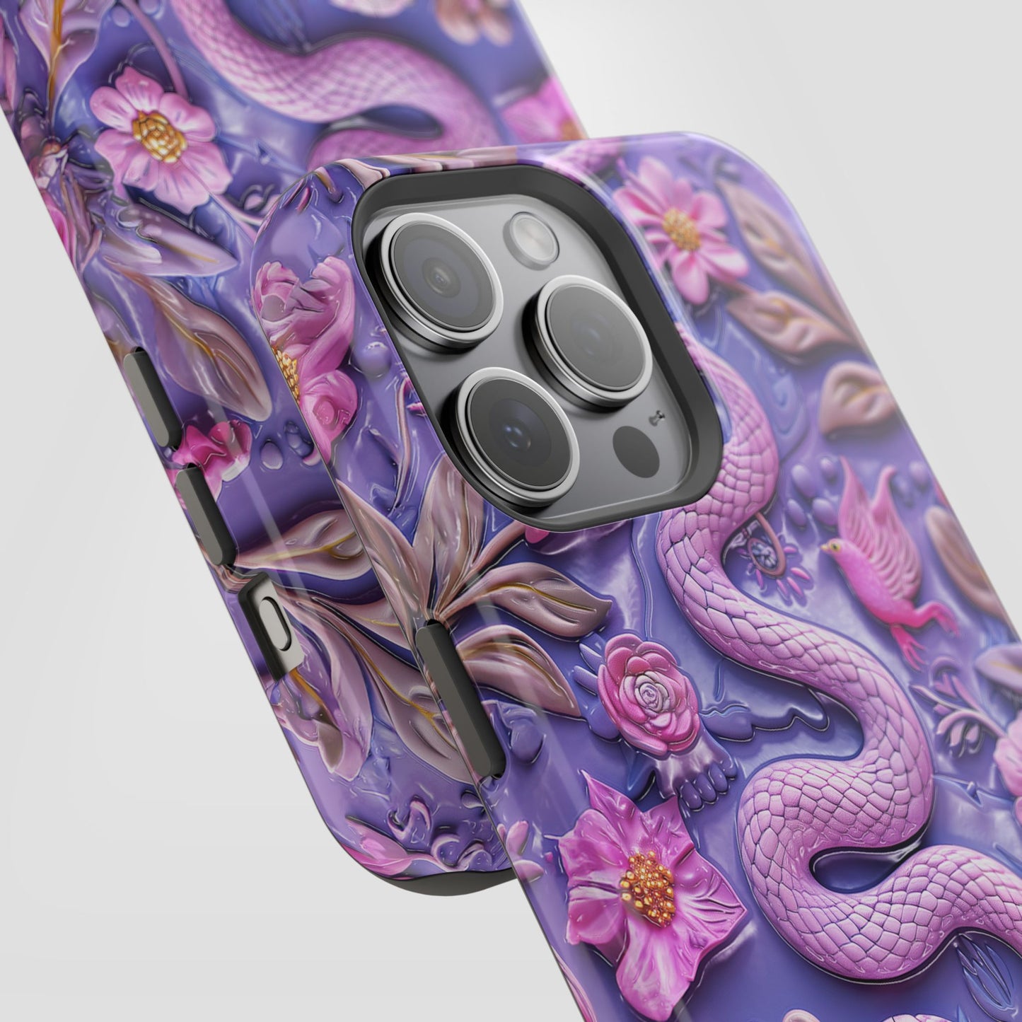 Embroidery look Cute Pink Snakes and Flowers Impact Resistant Phone Case