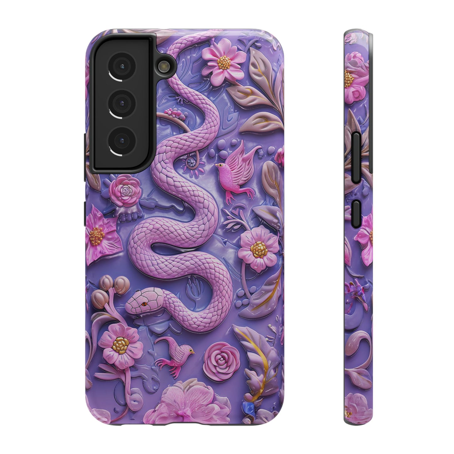 Embroidery look Cute Pink Snakes and Flowers Impact Resistant Phone Case