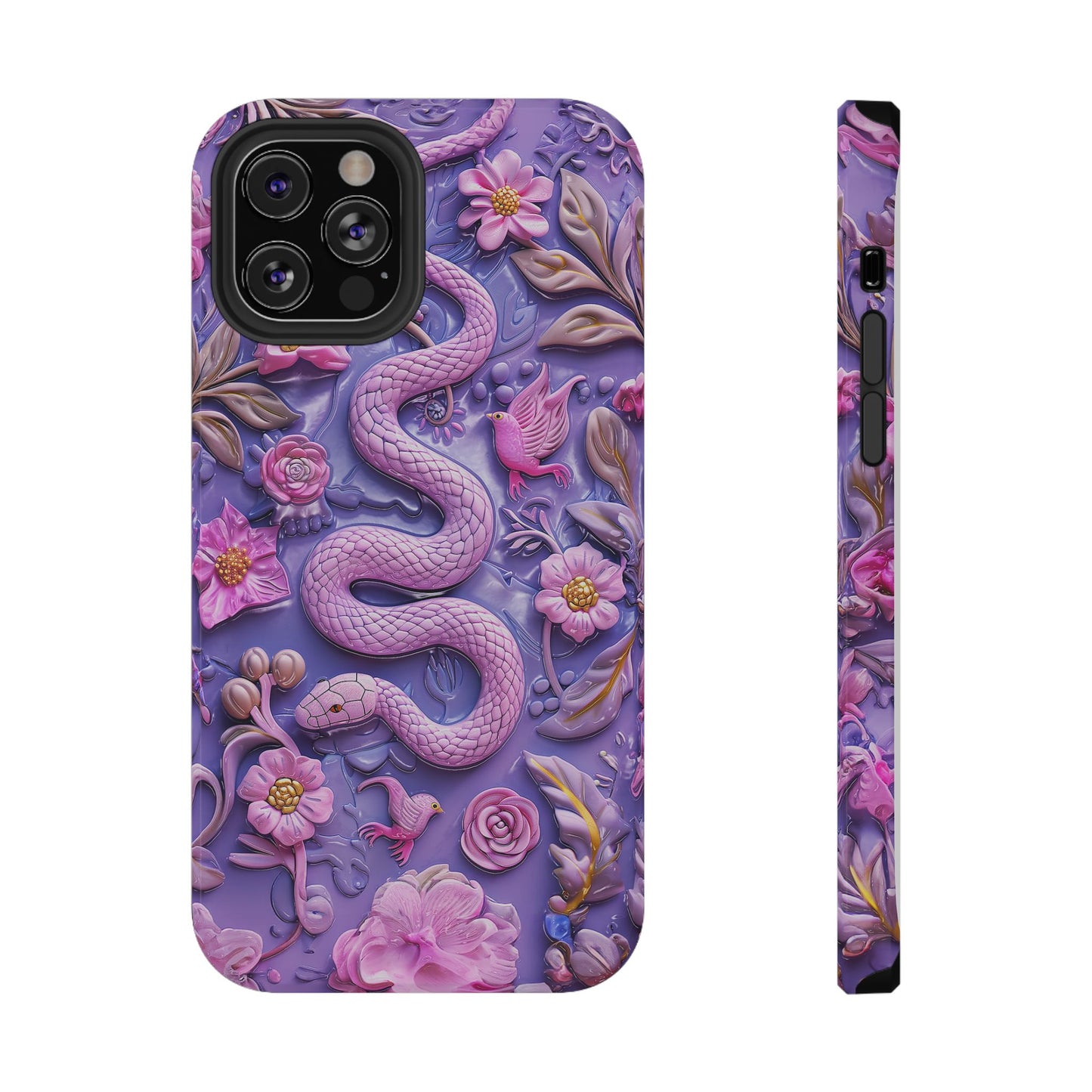 Embroidery look Cute Pink Snakes and Flowers Impact Resistant Phone Case