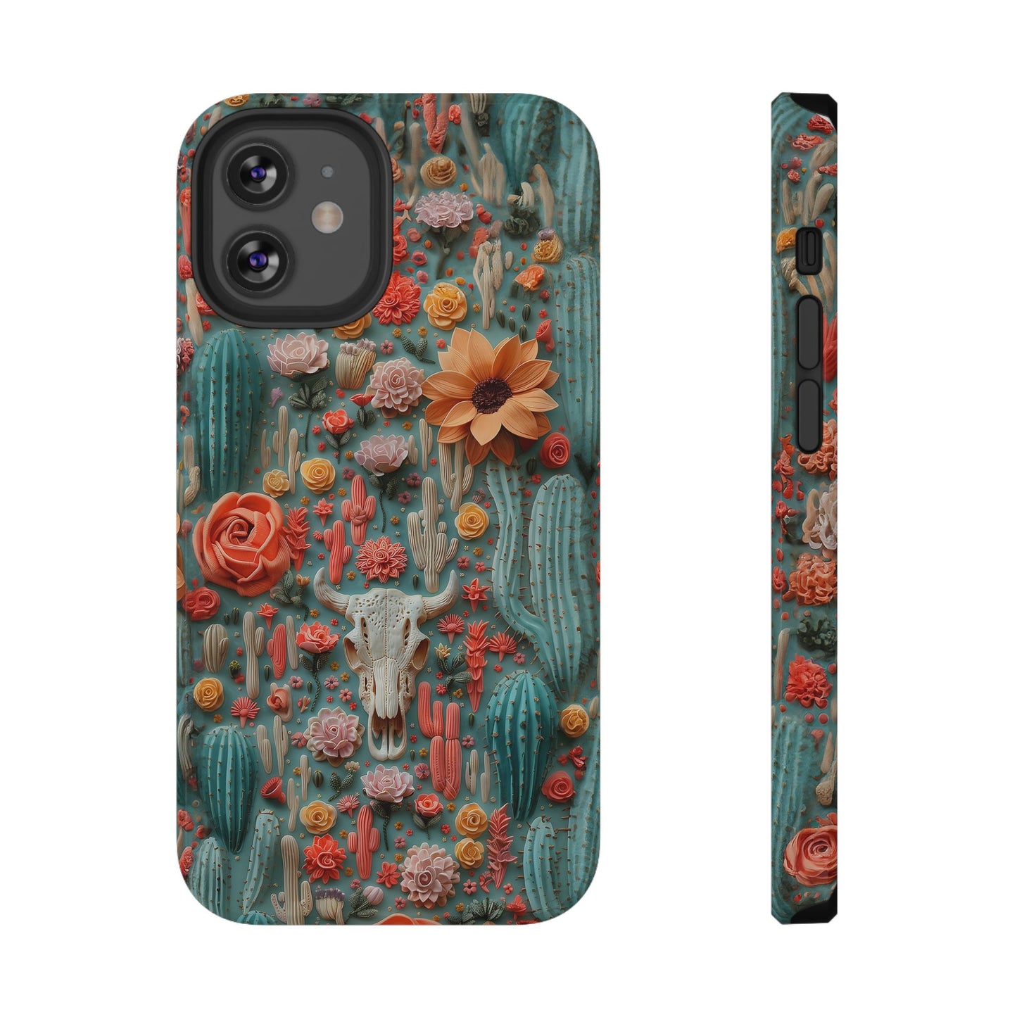 Embroidery look Cute Pink Cow Skull and Cactus| Vintage Western |  Impact Resistant Phone Case