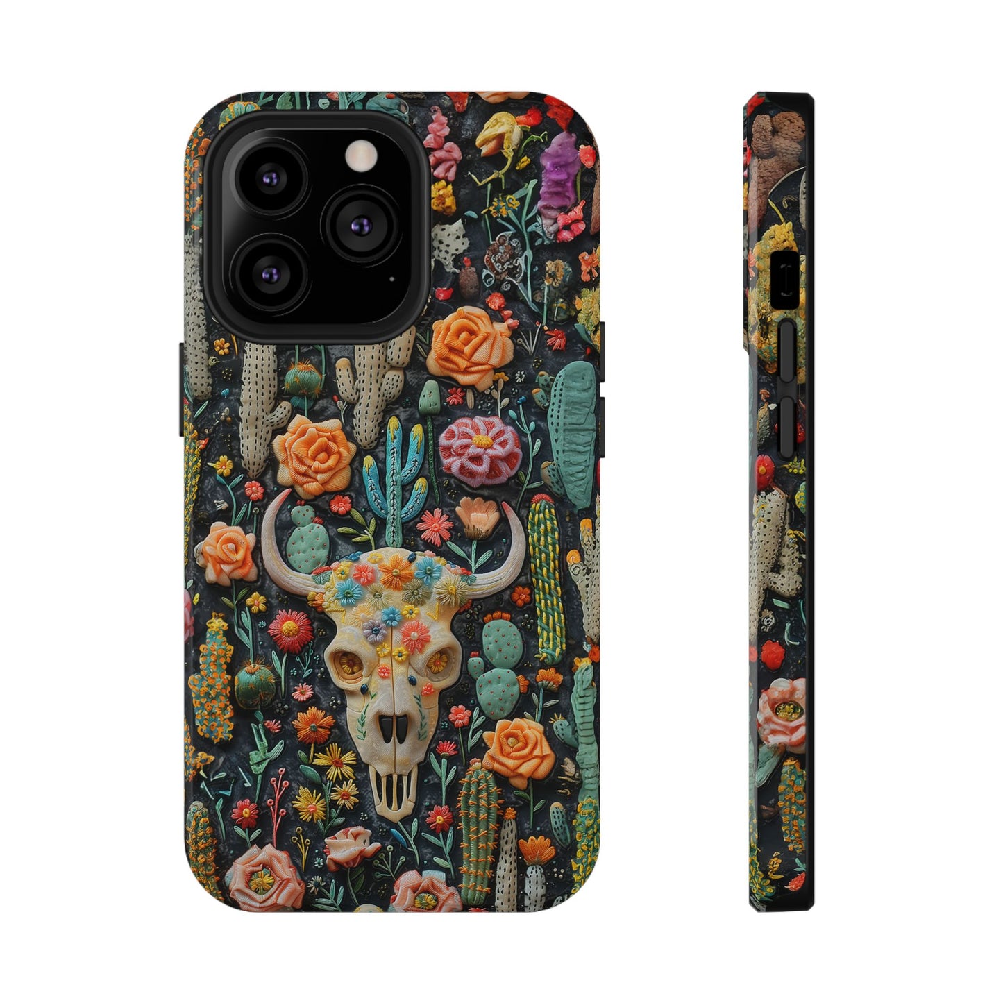 Embroidery look Cute Pink Cow Skull and Cactus| Vintage Western |  Impact Resistant Phone Case