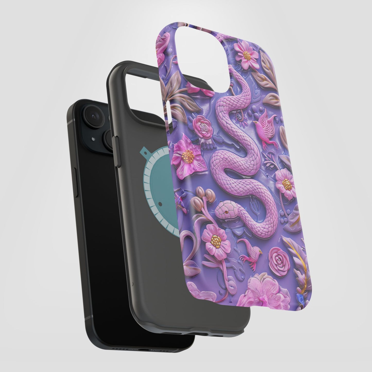 Embroidery look Cute Pink Snakes and Flowers Impact Resistant Phone Case