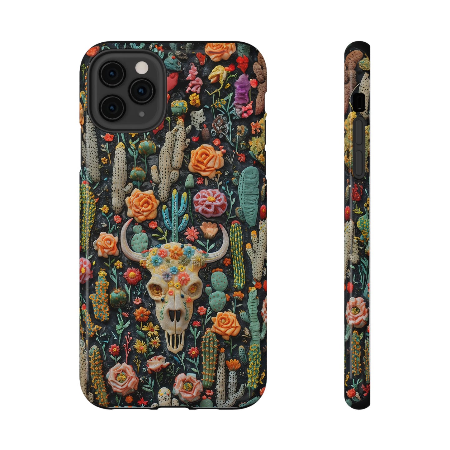 Embroidery look Cute Pink Cow Skull and Cactus| Vintage Western |  Impact Resistant Phone Case